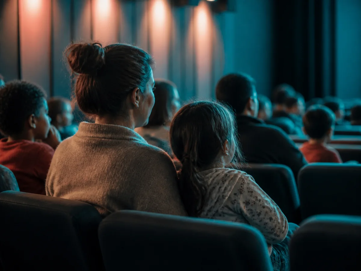 Illustration d’une famille accueillie dans une salle de cinéma semi-éclairée